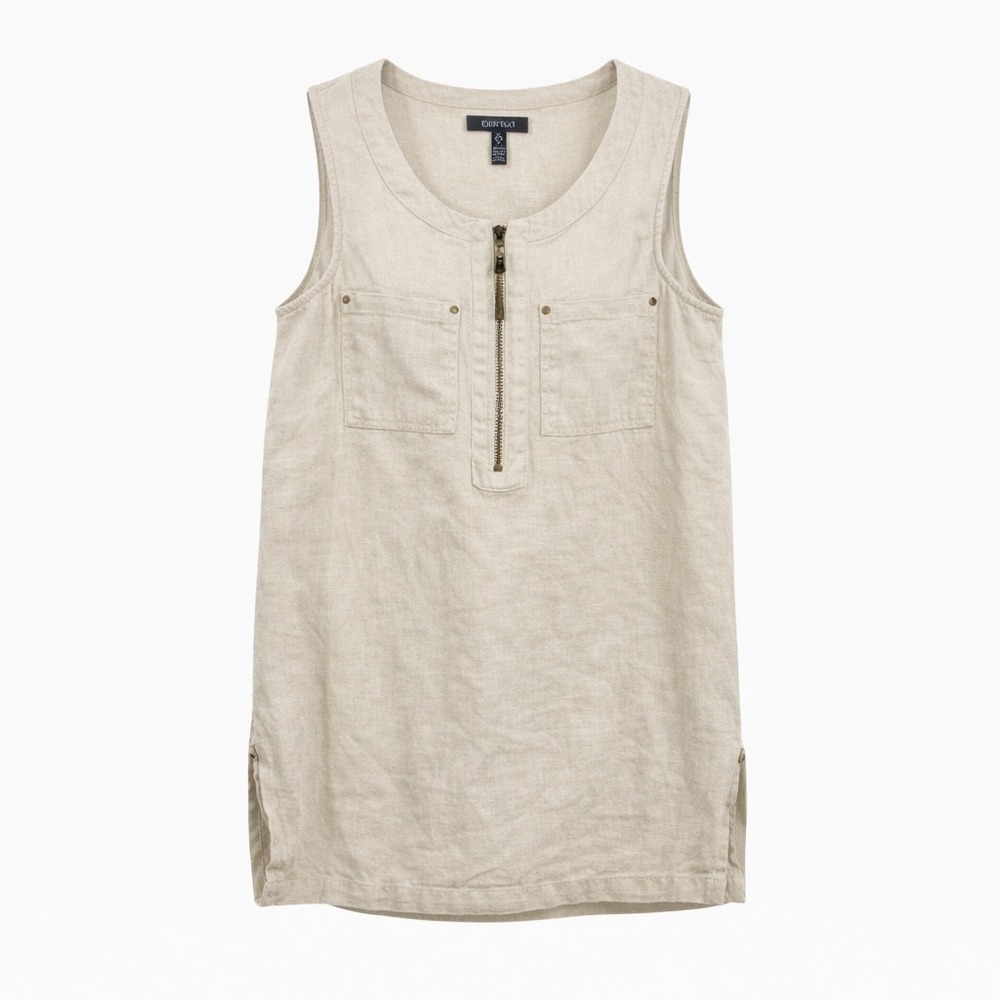Ellen Tracy Linen Top Women Small Beige Sleeveless Zip Front Tassel Utility Tank